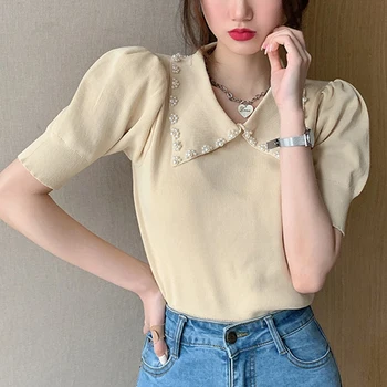 HziriP 2021 M. Vasarą Naujų Švelnus Trimatis Apdailos Marškinėliai Korėjos Pearl Turn-Žemyn Apykaklės Trumpa Palaidinė Office Lady Elegantiškas