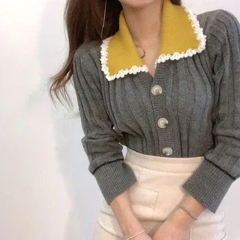 Ilgomis rankovėmis megzti megztinis moterims pavasario 2021 korėjos stiliaus nuimamas stand-up apykaklės saldus ir mielas vilnos megztinis