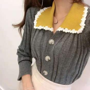 Ilgomis rankovėmis megzti megztinis moterims pavasario 2021 korėjos stiliaus nuimamas stand-up apykaklės saldus ir mielas vilnos megztinis