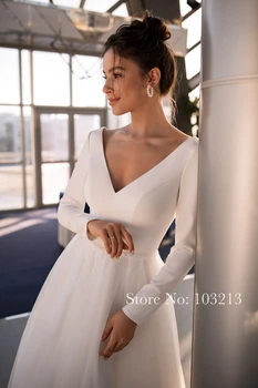 Ilgomis Rankovėmis Vestuvių Suknelės 2021 Giliai V-Kaklo, Satino Grindų Ilgis Elegantiškas Vestuvių Suknelė Su Diržu, Mygtuką, Užtrauktukas Užsakymą