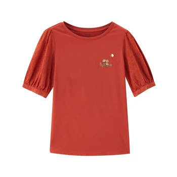 INMAN Saldus Stilius Viršuje Vasaros Artsy Mergina Moterims Gėlių Siuvinėjimas Dobby Augalų Žibintų Rankovės Lady T-shirt