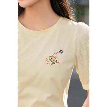 INMAN Saldus Stilius Viršuje Vasaros Artsy Mergina Moterims Gėlių Siuvinėjimas Dobby Augalų Žibintų Rankovės Lady T-shirt