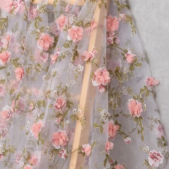 Išskirtinį 3D rožių gėlių Siuvinėjimo Nėrinių organza Audinio Siūlus Vestuvių Suknelė Vestuvių Audiniai Tiulio Audinio Suknelė 