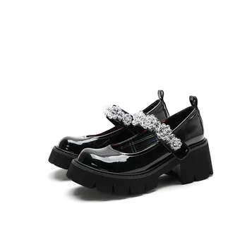 J. Co Mažas odos batai moteriška Britų stiliaus 2021 m. pavasarį naujas Japonų juoda ledo gėlių kristalų platforma Mary Jane bateliai