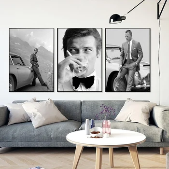 James Bond 007 Filmo Plakatas Derliaus Tapybos Drobės Juoda ir Balta Retro Sienos Menas Nuotraukas Cuadros Už Kambarį Namų Dekoro