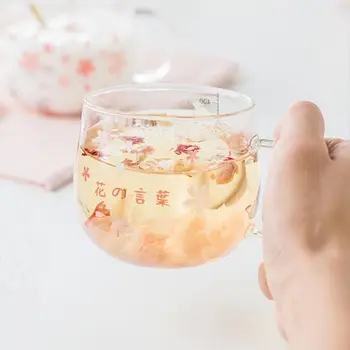 Japonija Stiliaus Stiklo Puodelis Mielas Rožinis Kawaii Drinkware Pieno Kavos Puodelio Vandens Virtuvės, Biuro Subtilus Šaukštas Su Dangteliu Cherry Blossom Puodelis