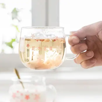 Japonija Stiliaus Stiklo Puodelis Mielas Rožinis Kawaii Drinkware Pieno Kavos Puodelio Vandens Virtuvės, Biuro Subtilus Šaukštas Su Dangteliu Cherry Blossom Puodelis
