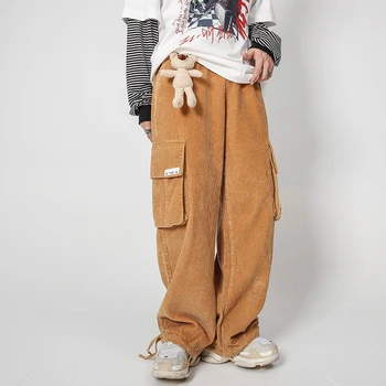 Japonijos Retro Velvetas Krovinių Kelnės Vyrams ir Moterims, Hip-Hop Lokys Žaislas Pora Papuošalai Harajuku Raišteliu Pločio Kojų Krovinių Kelnės