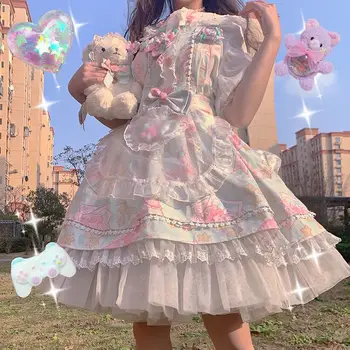 Japonijos Saldus Kawaii Jsk Lolita Dress Moterų Derliaus Viktorijos Gotika Animacinių Filmų Rankovių Lankas Nėrinių Princess Arbatėlė Suknelės