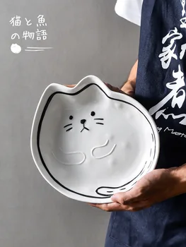 Japonų Stiliaus 3D Katė ir Žuvų Plokštės ir Dubuo Nustatyti Mielas Animacinių filmų Kūrybos Indai Nustatyti Salotų Dubenį Vaisių Didelio Dydžio