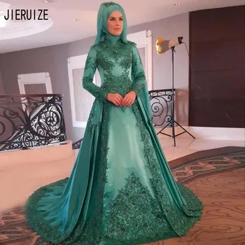 JIERUIZE Prabanga Žalia Musulmonų Vestuvių Suknelės ilgomis Rankovėmis, Aukštu Kaklu Nėrinių Appliques arabų Satino Vestuvių Suknelės vestido de noiva