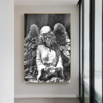 Juoda ir Balta Angelo Statula, Angelas Sparnų Skulptūra ant Sienos dekoruotos Drobės, Plakatai, Tapyba ir grafika Sienos Meno Nuotrauka už Kambarį