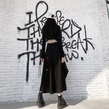 Juoda Streetwear Laisvai Reguliuojamas Gotikos Sijonas Harajuku Punk Stiliaus Sijonai Aukšto Juosmens Jungimo Sagties Nereguliarus Gotikos Sijonas