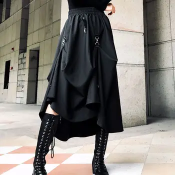 Juoda Streetwear Laisvai Reguliuojamas Gotikos Sijonas Harajuku Punk Stiliaus Sijonai Aukšto Juosmens Jungimo Sagties Nereguliarus Gotikos Sijonas