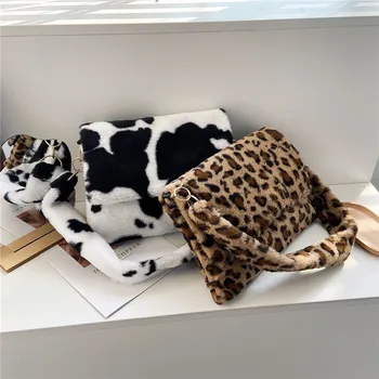 Karvė modelio Pečių Maišą Žiemos Atsitiktinis Shopper Bag Rankinės Moterims Crossbody Krepšiai Pliušinis Krepšiai Moterims 2021 Naujas Bolsa Feminina