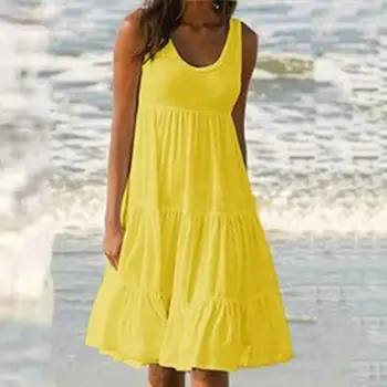 Karšto Pardavimo!!!Paplūdimys Vasaros Prarasti Plisuotos Sundress Moterų Vientisos Spalvos Berankovė Midi Suknelė