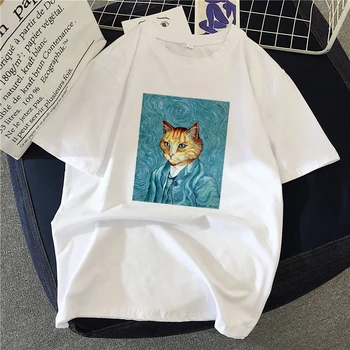 Katė aliejaus tapybai spausdinti marškinėliai basic O-kaklo trumparankoviai ponios balta grafinis mergina T-shirt Streetwear T-shirts