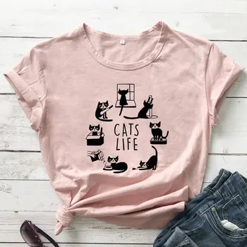 Katės Gyvenimo, Medvilnės marškinėliai Juokinga Crazy Cat Lady Dovanų Marškinėlius Mielos Moterys Grafinis Kačiukas Top Marškinėliai, Dropshipping