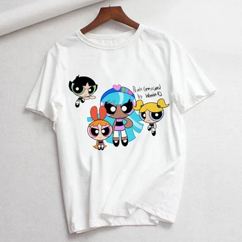 Kawaii Moterys T-shirt Powerpuff Policijos Juokingas Animacinių Merginų Spausdinti Harajuku Atsitiktinis Vasaros trumpomis Rankovėmis Streetwear Moterų Tee Viršūnės