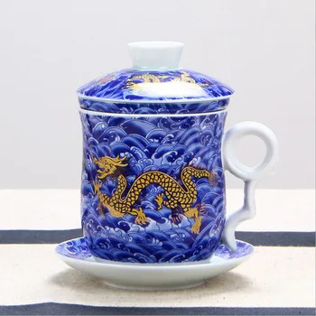 Keturias Keramikos Filtruojamas Arbatos Puodeliai, Arbatos Puodeliai ir Geriamojo Puodeliai Troba Dekoro Gaiwan Kambarį Apdailos Mėlyna Porceliano