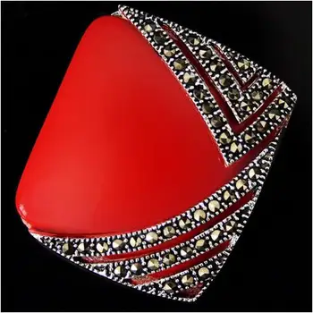 Kilnus Raudonos, Koralų Raižyti Lako Marcasite 925 Sterling Silver Square Ring(#6-9) Auskarai & Pandent juvelyrikos rinkiniai