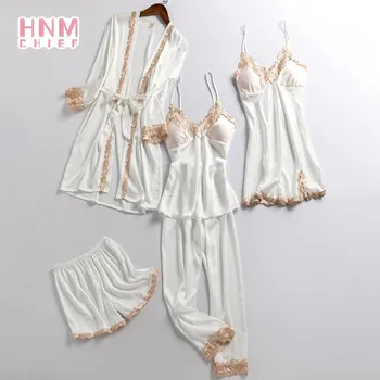 Kimono Nuotaka Penkių 2021 Moterų Pižama Rinkiniai Nėrinių Sujungimas Peignoir Satino Femme Pižamą Tiktų Vasaros Atsitiktinis Pižama Suknelė