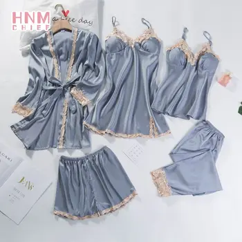 Kimono Nuotaka Penkių 2021 Moterų Pižama Rinkiniai Nėrinių Sujungimas Peignoir Satino Femme Pižamą Tiktų Vasaros Atsitiktinis Pižama Suknelė