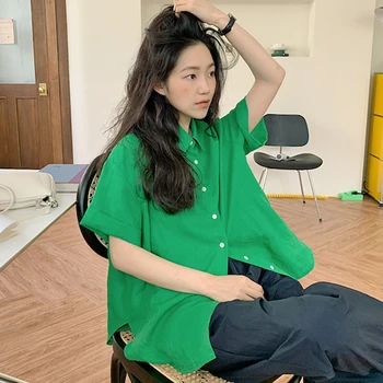 Kimotimo Žalią Mygtuką Iki Marškinėliai Moterims Korėjos Paprastumo Pasukite Žemyn Apykaklės Prarasti Ponios Viršūnes Vasaros Atsitiktinis Palaidinė Trumpomis Rankovėmis