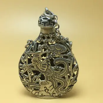 Kinijos Tibeto sidabro, sendinto vario ranka raižyti Kirin phoenix statula uosti butelis