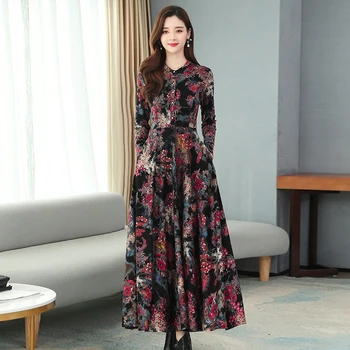 Kinų Stiliaus Elegantiškas Moteris, Vestidos 2021 M. Derliaus Aksomo Šiltas Tirštėti Marškinėliai Suknelė Rudens Žiemos Bodycon Šalis Spausdinimo Maxi Suknelės