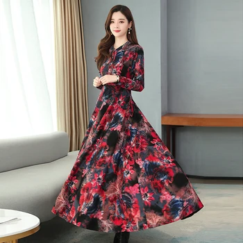 Kinų Stiliaus Elegantiškas Moteris, Vestidos 2021 M. Derliaus Aksomo Šiltas Tirštėti Marškinėliai Suknelė Rudens Žiemos Bodycon Šalis Spausdinimo Maxi Suknelės