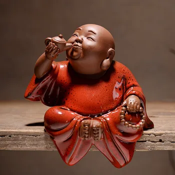 Kinų stiliaus raudona Zen keramikos laughing Buddha statula Tradicinis rankų darbo kūrinys Puikus namų kambarį, studijų, papuošalai