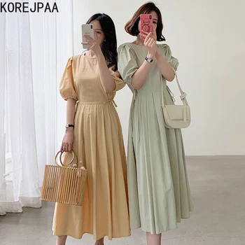Korejpaa Moterų Suknelė 2021 M. Vasarą Korėjos Elegantiškos Prancūzų Paprasta Apvali Kaklo Single-Breasted Nėrinių Iki Juosmens Sluoksniuotos Rankovėmis Plisuotos Vestidos