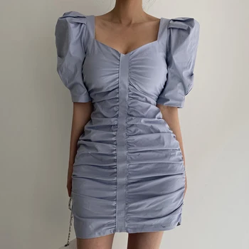 Korejpaa Moterų Suknelė 2021 M. Vasarą Prancūzijos Elegantiškas Aikštėje Apykaklės Slim Lieknėjimo Raukšlės Wrap Klubų Parodyti Pav Sluoksniuotos Rankovėmis Vestidos