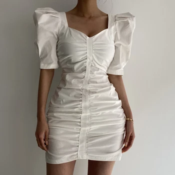 Korejpaa Moterų Suknelė 2021 M. Vasarą Prancūzijos Elegantiškas Aikštėje Apykaklės Slim Lieknėjimo Raukšlės Wrap Klubų Parodyti Pav Sluoksniuotos Rankovėmis Vestidos
