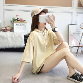 Korėjos kietas Laisvus bazinės gobtuvu marškinėliai vasaros medvilnės trumpomis Rankovėmis marškinėliai Moterims atsitiktinis baltos viršūnės marškinėlius jauna mergina streetwear