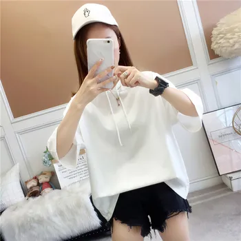 Korėjos kietas Laisvus bazinės gobtuvu marškinėliai vasaros medvilnės trumpomis Rankovėmis marškinėliai Moterims atsitiktinis baltos viršūnės marškinėlius jauna mergina streetwear