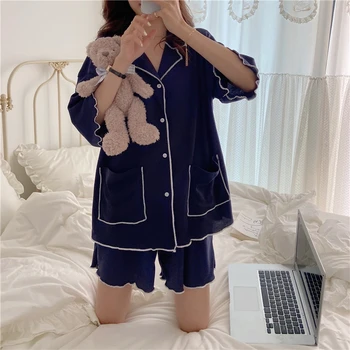 Korėjos Kietas Vasaros Pižama Nustatyti Moterys Viena Breasted Marškinėliai Topai + Šortai Nustatyti Atsitiktinis Medvilnės Namų Kostiumo Kišenės Homewear