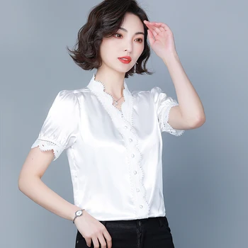 Korėjos Mados Šilko Moterims Palaidinės Satino Office Lady Marškinėliai ir Nėrinių Palaidinė trumpomis Rankovėmis Blusas Laisvi Moteriški Viršūnes ir Palaidinės