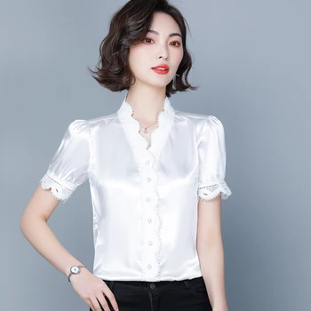 Korėjos Mados Šilko Moterims Palaidinės Satino Office Lady Marškinėliai ir Nėrinių Palaidinė trumpomis Rankovėmis Blusas Laisvi Moteriški Viršūnes ir Palaidinės