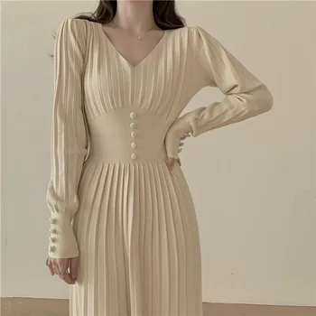 Korėjos Megzti V-kaklo Ilga Suknelė Moterims Visiškai Mova, Mygtukai, Didelis Ruožas-line Suknelės Elegantiškas, Kietas Mados Moterų Vestido 2021