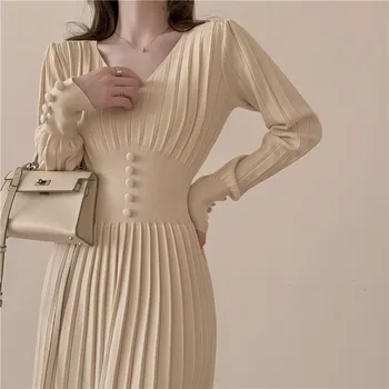 Korėjos Megzti V-kaklo Ilga Suknelė Moterims Visiškai Mova, Mygtukai, Didelis Ruožas-line Suknelės Elegantiškas, Kietas Mados Moterų Vestido 2021