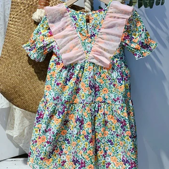 Korėjos Mergina Vasaros Suknelė 21 Naujų Mažų Šviežių Lotus Lapų Apykaklės Drabužius Didelis Vaikų Gėlių Suknelė Vaikai Princesė Suknelė