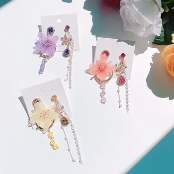 Korėjos Prabanga Asimetrinė Gėlių Krištolo Lašas Auskarai Moterų, Mergaičių, Elegantiškas Pearl Kutas Šaliai, Papuošalai