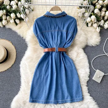 Korėjos Prašmatnus Džinsinio audinio Suknelė 2021 M. Vasaros Moterų Suknelė Mados Drabužius, Vintage Turn-žemyn Apykaklės Vieną Krūtinėmis Juostinės Mini Jeans Suknelė