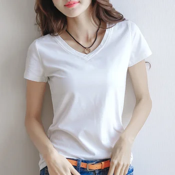 Korėjos versija vientisa spalva V-kaklo, trumparankoviai marškinėliai, žemiausią marškinėliai