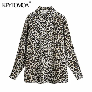 KPYTOMOA Moterų 2021 Mados Leopardas Spausdinti Palaidų Montavimo Palaidinės Derliaus ilgomis Rankovėmis Mygtuką-iki Moterų Marškiniai, Elegantiškos Viršūnės