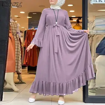 Kratinys Maxi Vestidos Moterų Musulmonų Sundress ZANZEA Pavasario Elegantiškas Pynimas Suknelė Moterų Atsitiktinis Suknelė, Hijab Skraiste