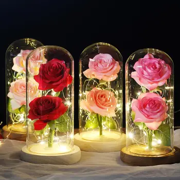 Kūrybos aukštos kokybės Grožio ir žvėrys Dvi Gėlės Raudona Rožė LED Šviesos Susitikime Bazės Stiklo Motinos, Valentino Dienos, Pateikti