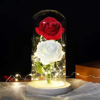 Kūrybos aukštos kokybės Grožio ir žvėrys Dvi Gėlės Raudona Rožė LED Šviesos Susitikime Bazės Stiklo Motinos, Valentino Dienos, Pateikti
